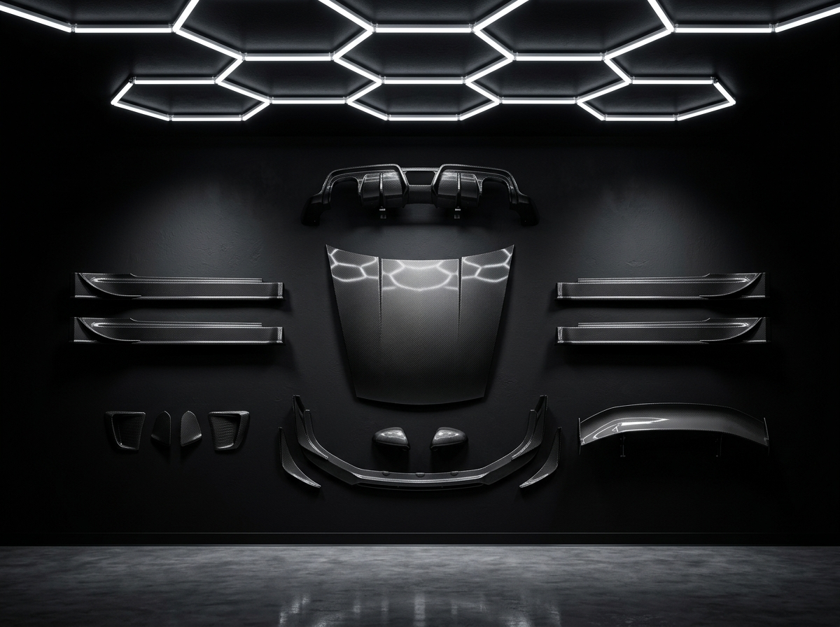 Carbon-fibre body kit components laid out under hex lighting